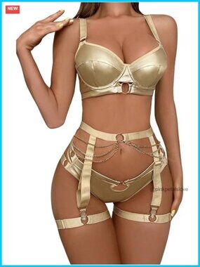 3 Piece PU Leather Lingerie Set Underwire Garter Belts Bra and Panty